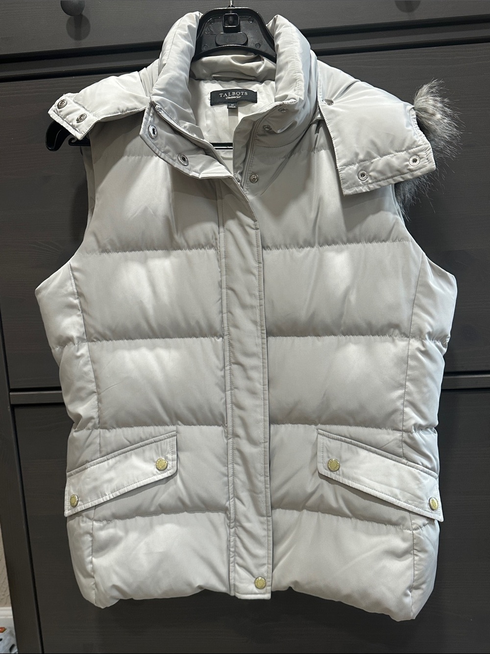 Talbots Pale Gray Quilted Puffer Vest with Removable Hood Trim
